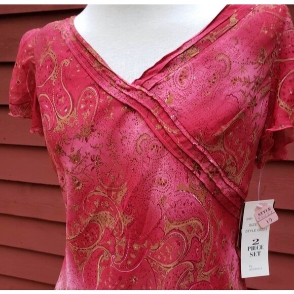 VTG 90s Y2K Paisley Boho 2 Pc Dress Set Flutter Sleeve Top Tiered Skirt Sz 10 - Picture 4 of 8